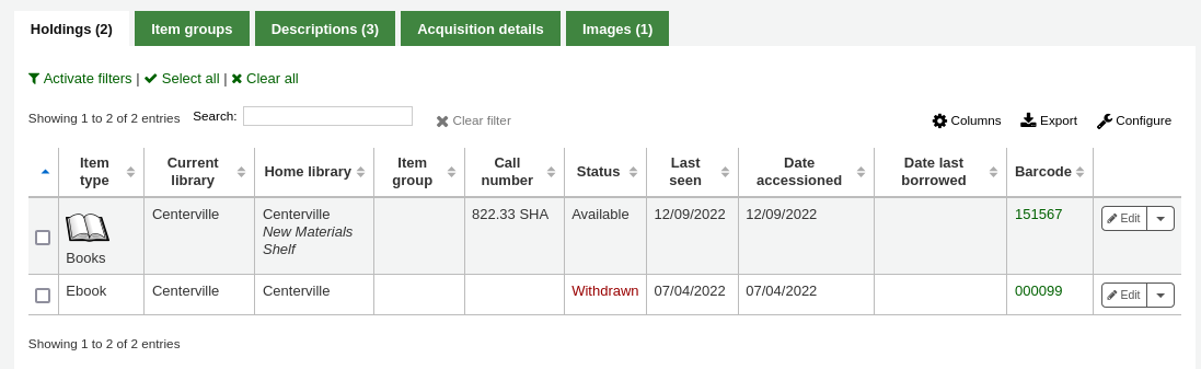 Holdings table in a detailed record