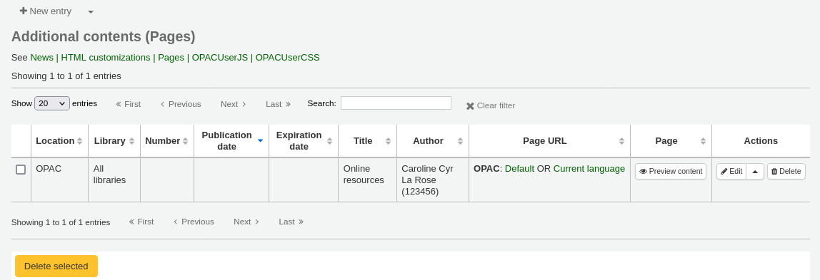 Pages tool main page, with table of current pages