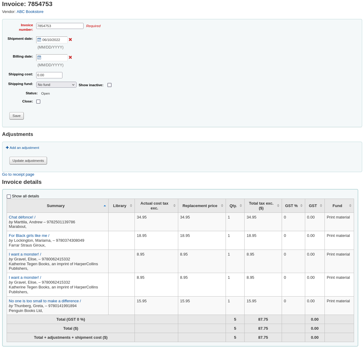 Detailed invoice page, with additional fields and AcqEnableFiles enabled
