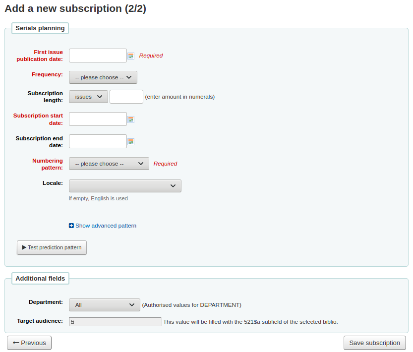 Add a new subscription form (2 of 2), with additional fields at the bottom