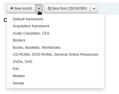 A choice of bibliographic frameworks opens when the arrow next to the 'New record' button is clicked