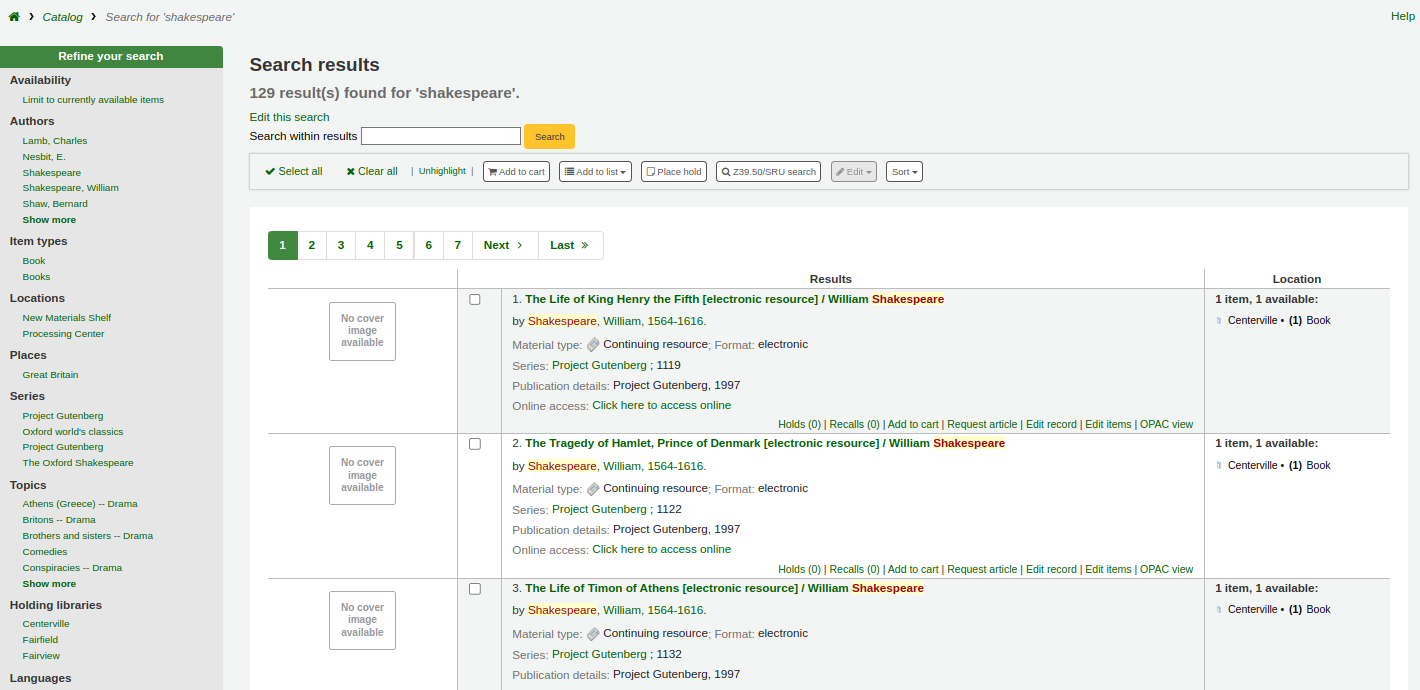 Search results screen, 129 results found for 'shakespeare'