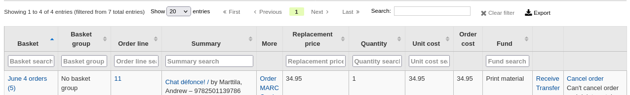 At the top of the pending orders table, there are search fields