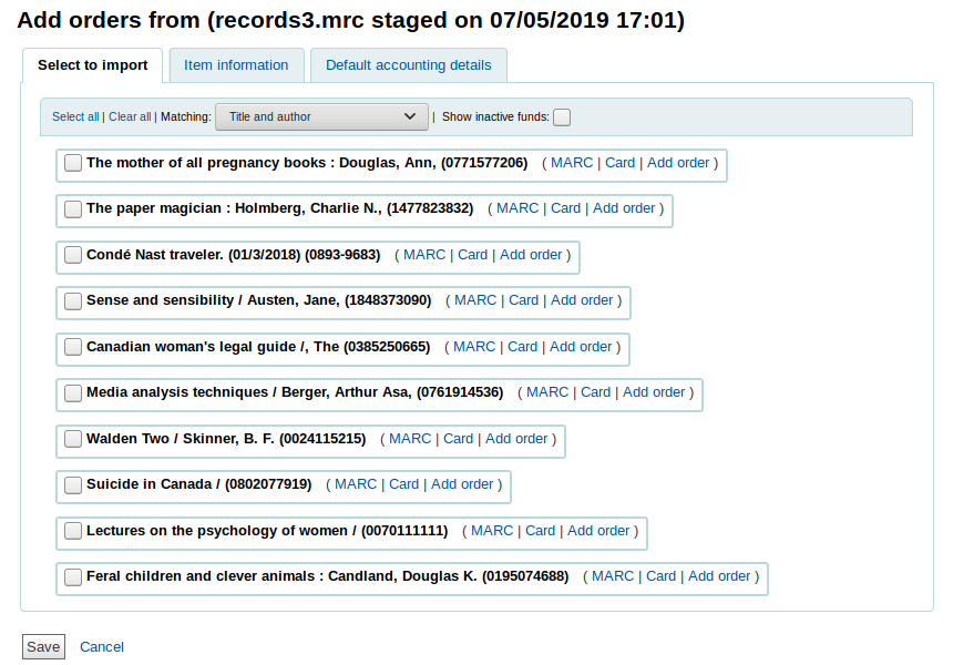 List of titles in the staged file, with checkboxes