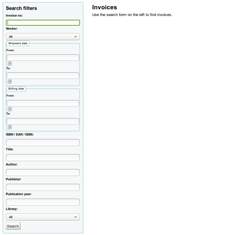 Invoice search form, additional fields that are searchable are available in this search