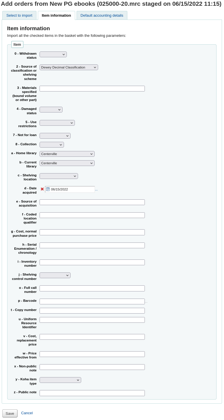 Item form in the Item information tab