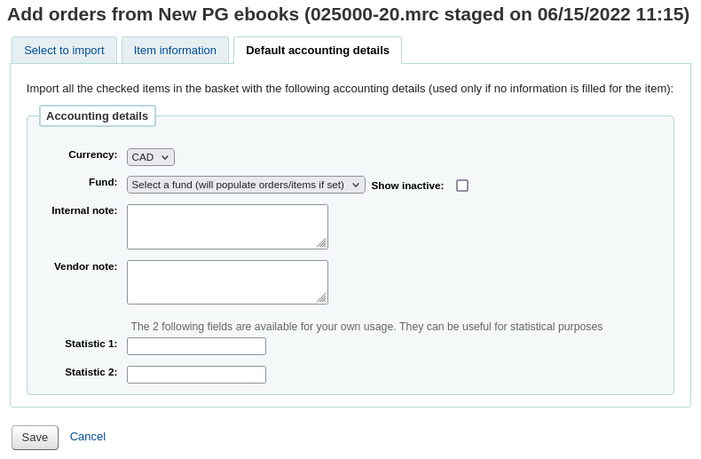 Accounting details form in the Default accounting details tab