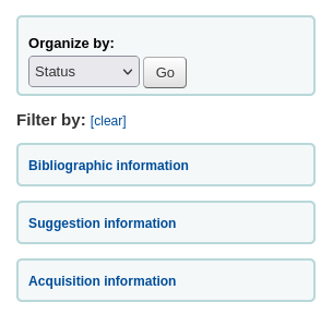 Filters on bibliographic, suggestion or acquisition information for suggestions