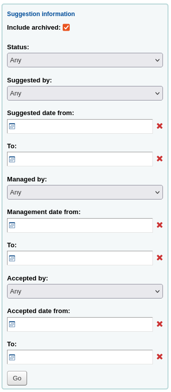 Filters on suggestion information, including archived suggestions, statuses, patrons, dates, etc.