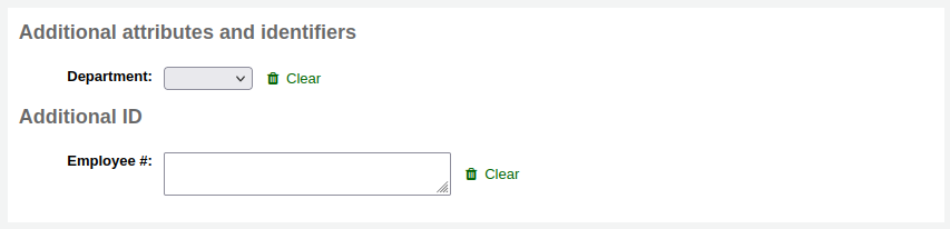 'Additional attributes' section of the patron form, there is one attribute called 'Department' with a drop-down menu, a subheading 'Additional ID', with another attribute called 'Employee #'