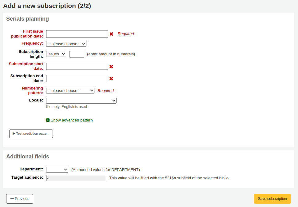 Add a new subscription form (2 of 2), with additional fields at the bottom