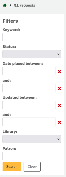 ILL requests filters; shows options for keyword, status, date placed between, updated between, library, patron.