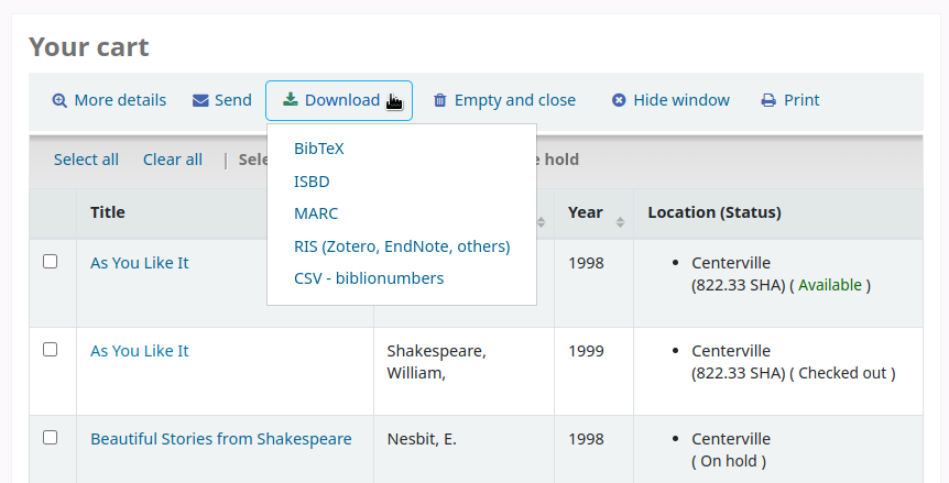 Options to download the contents of the cart: BibTeX, ISBD, MARC, RIS and custom CSV profiles
