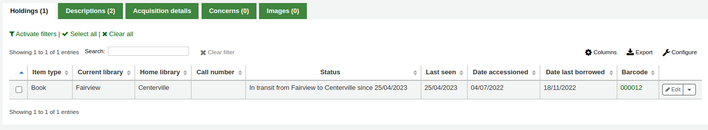 Item display in the staff interface, the status is 'In transit from Fairview to Centerville since 25/04/2023'.