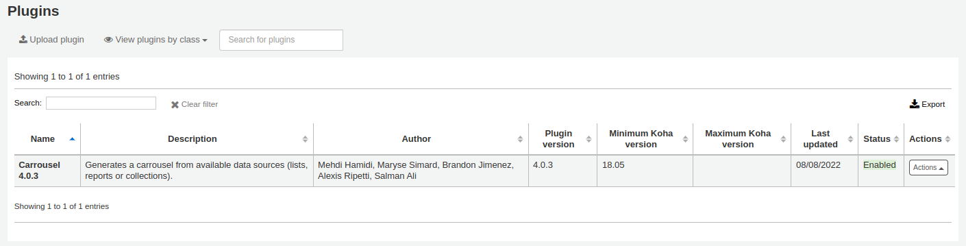 Plugins administration page showing a table of all currently installed plugins