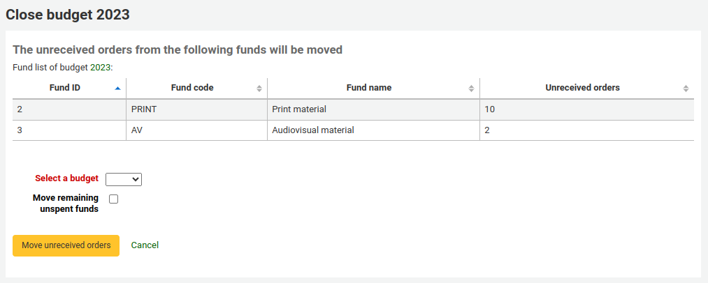 Form to close a budget, showing the number of unreceived orders in each fund, a dropdown menu to choose the budget where to move the unreceived orders, and the option to also move unspent amounts