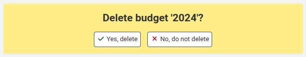 Warning reading "Delete budget '2024'?", the options are "Yes, delete" and "No, do not delete"