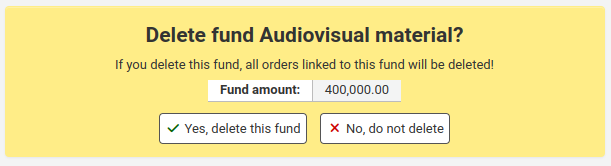 Warning reading "Delete fund Audiovisual material? If you delete this fund, all orders linked to this fund will be deleted! Fund amount:  400,000.00", options are "Yes, delete this fund" and "No, do not delete"