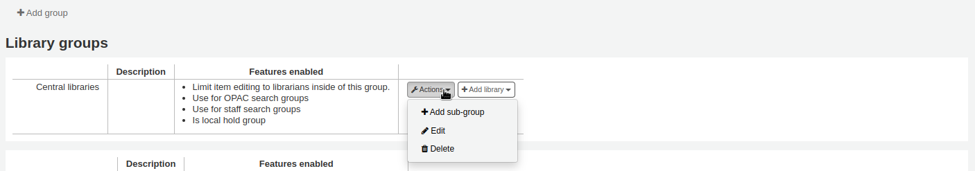 The Actions button next to a library group is pressed, the options are Add sub-group, Edit, and Delete.