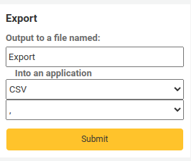 The Export options for the budget planning, the fields are Output to a file named (set to Export by default), Into an application (set to CSV by default) and an unnamed field for the CSV separator (set to a comma by default).
