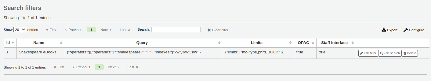 Search filter administration page