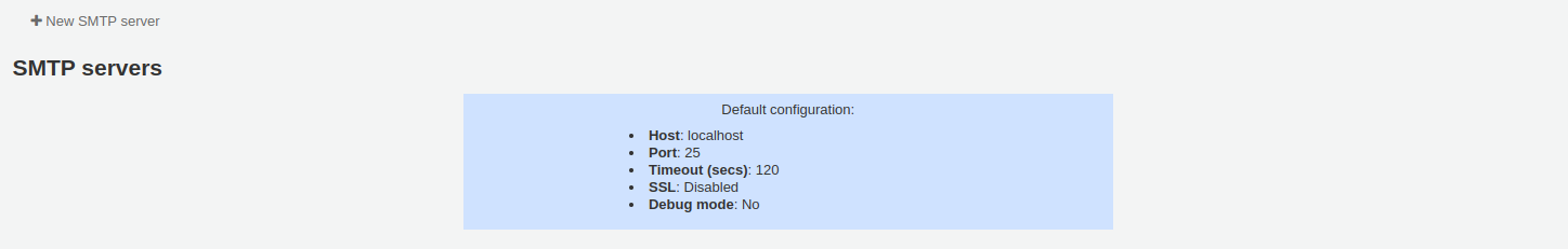 Main page of the SMTP servers configuration section, there are no servers except the default