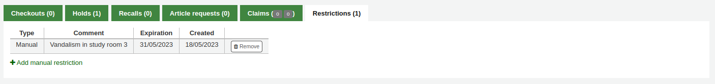 List of restrictions currently on the patron's file, with the type of restriction, the comment, the expiration date and the date it was added