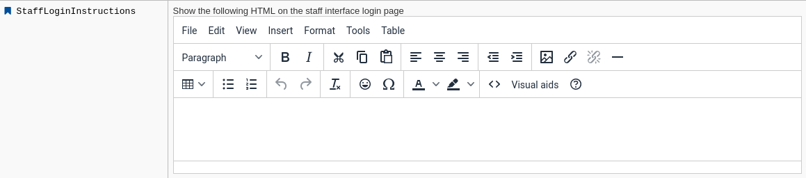 Example of a system preference using a WYSIWYG editor (TinyMCE) instead of a plain text editor