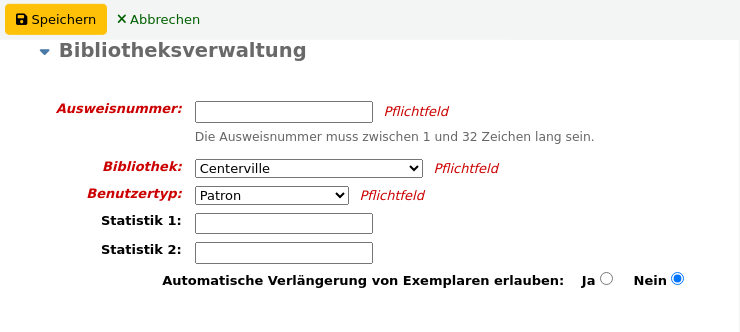 Abschnitt „Bibliotheksmanagement“ im Benutzerformular