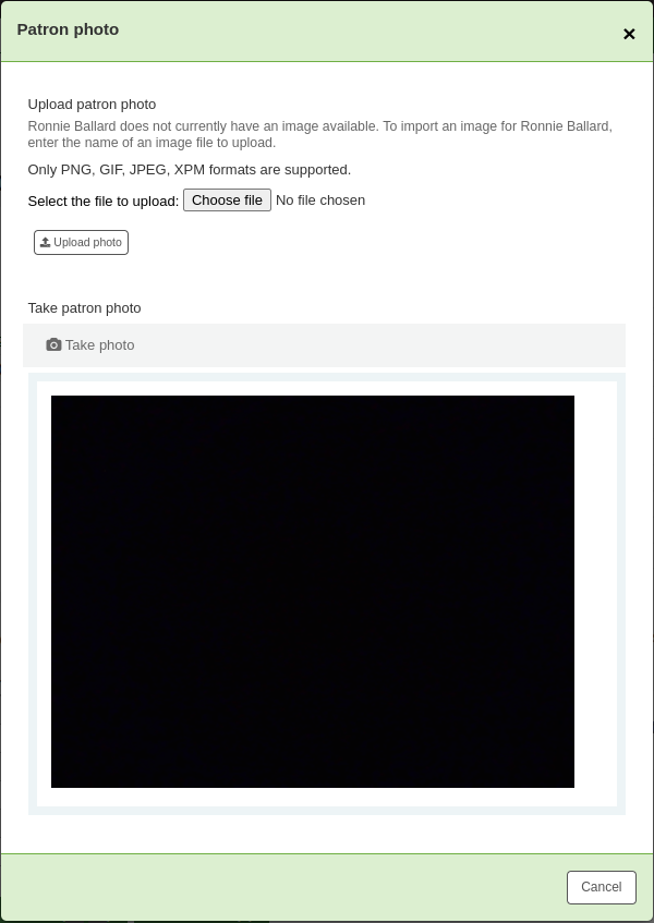 Patron photo pop-up modal, with options to upload an image or take a picture