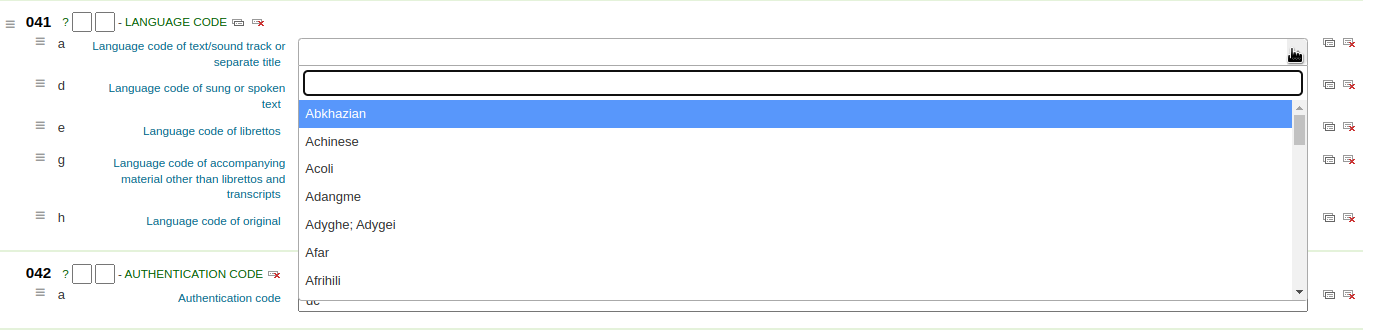 Feld 041 im Basis-Editor, das Unterfeld 041$a hat ein Drop-down-Menü der Sprachen.