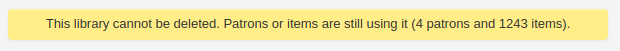 Warnmeldung: „Diese Bibliothek kann nicht gelöscht werden. Sie wird immer noch von Benutzern oder Exemplaren genutzt (4 Benutzer und 1243 Exemplare).“