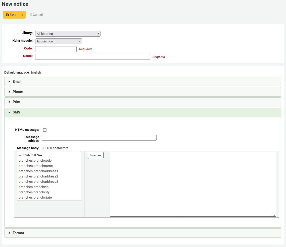 Form to create a new notice, the SMS section is expanded