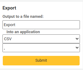 Die Export-Option für die Etatplanung, die Felder sind Ausgabe in eine benannte Datei (standardmäßig auf Export eingestellt), In eine Anwendung (standardmäßig auf CSV eingestellt) und ein unbenanntes Feld für das CSV-Trennzeichen (standardmäßig auf ein Komma eingestellt).