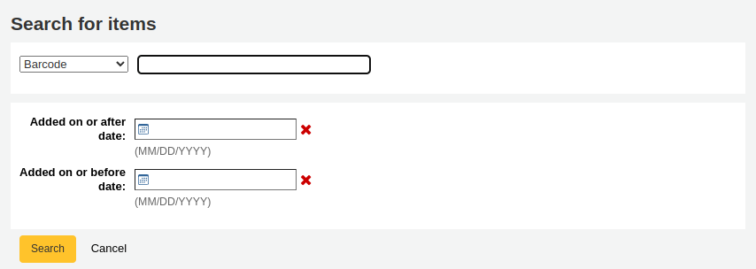 Item search form to add items to a label batch