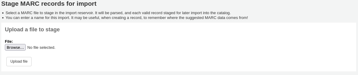 The first section of the record staging tool, upload a file to stage