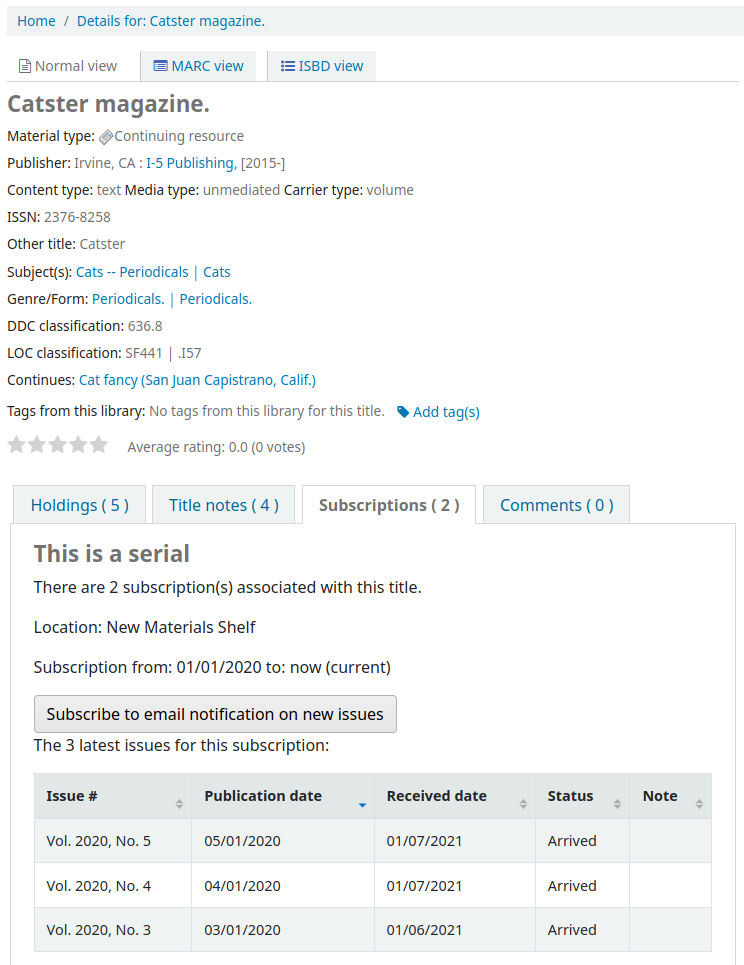 The Subscriptions tab of a bibliographic record in the OPAC