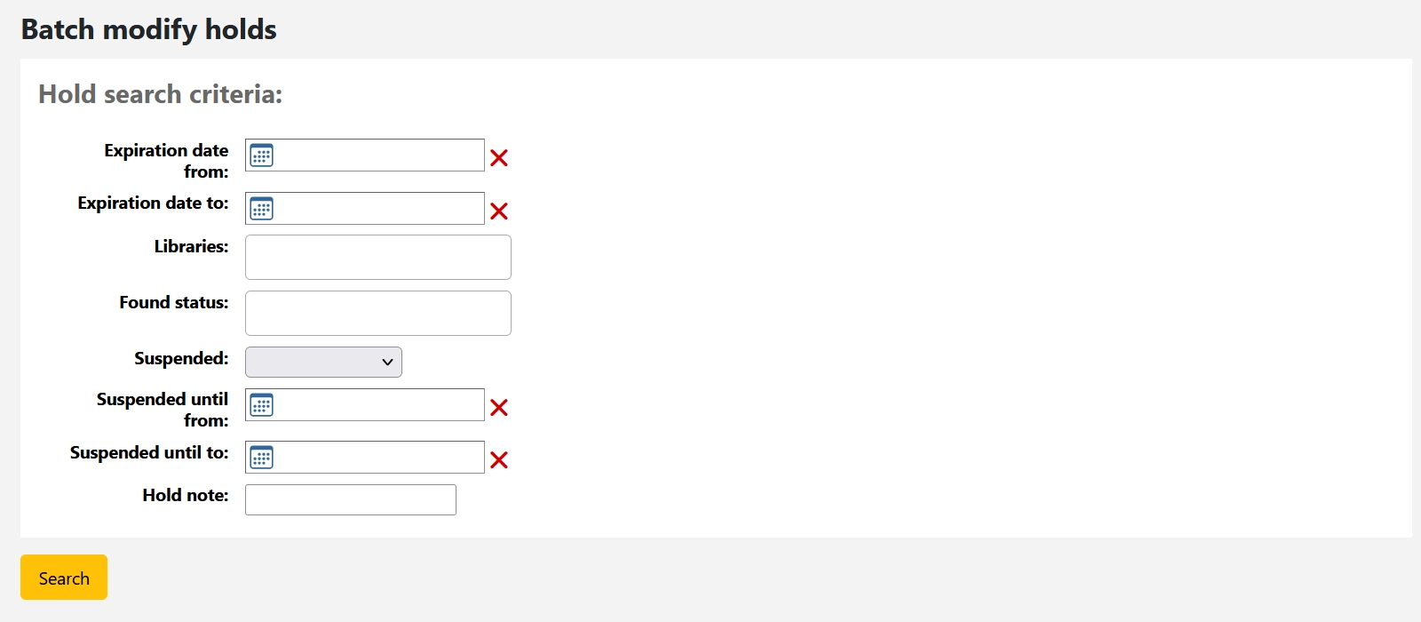 Batch holds modification search form with fields "Expiration date from:", "Expiration date to:", "Libraries:", "Found status:", "Suspended:", "Suspended until from:", "Suspended until to:" and "Hold note:". All fields are empty.