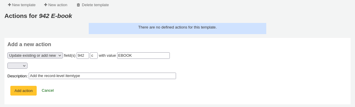 Add a new action box where the following values are chosen: Update existing or add new field(s) 942 c with value EBOOK Description: Add the record-level itemtype