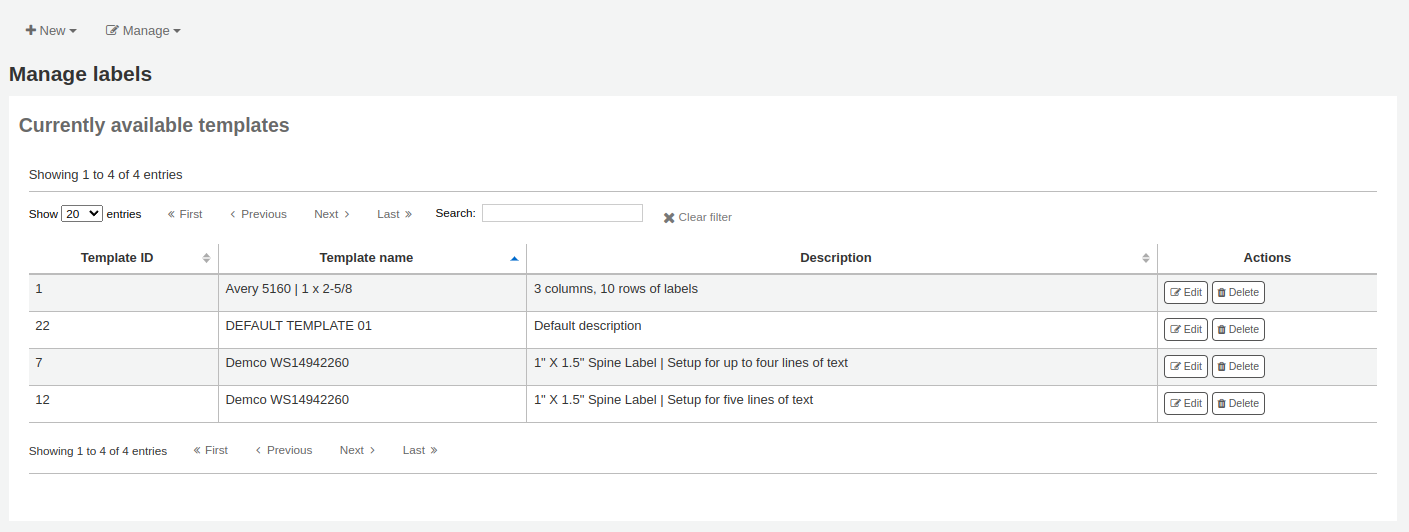 Table of currently available templates