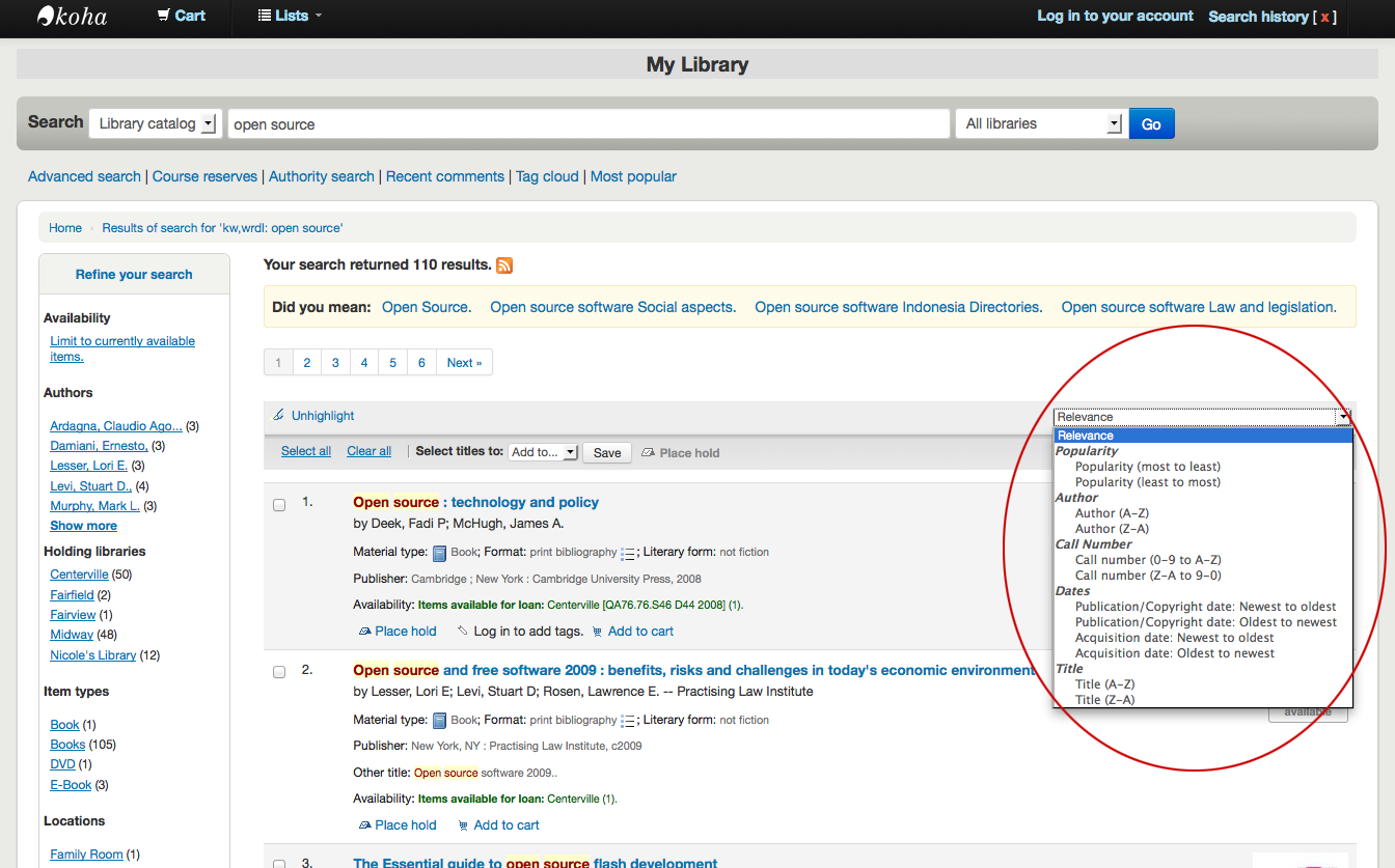 The sorting drop-down menu offers various options to sort the search results, such as relevance, popularity, author, call number, publication or copyright date, acquisition date, and title