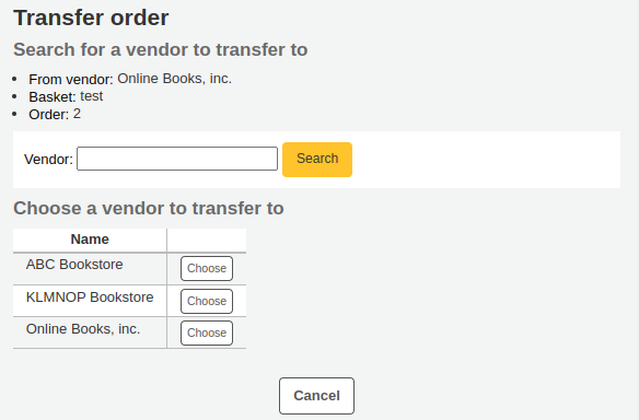 List of vendors to transfer an order to