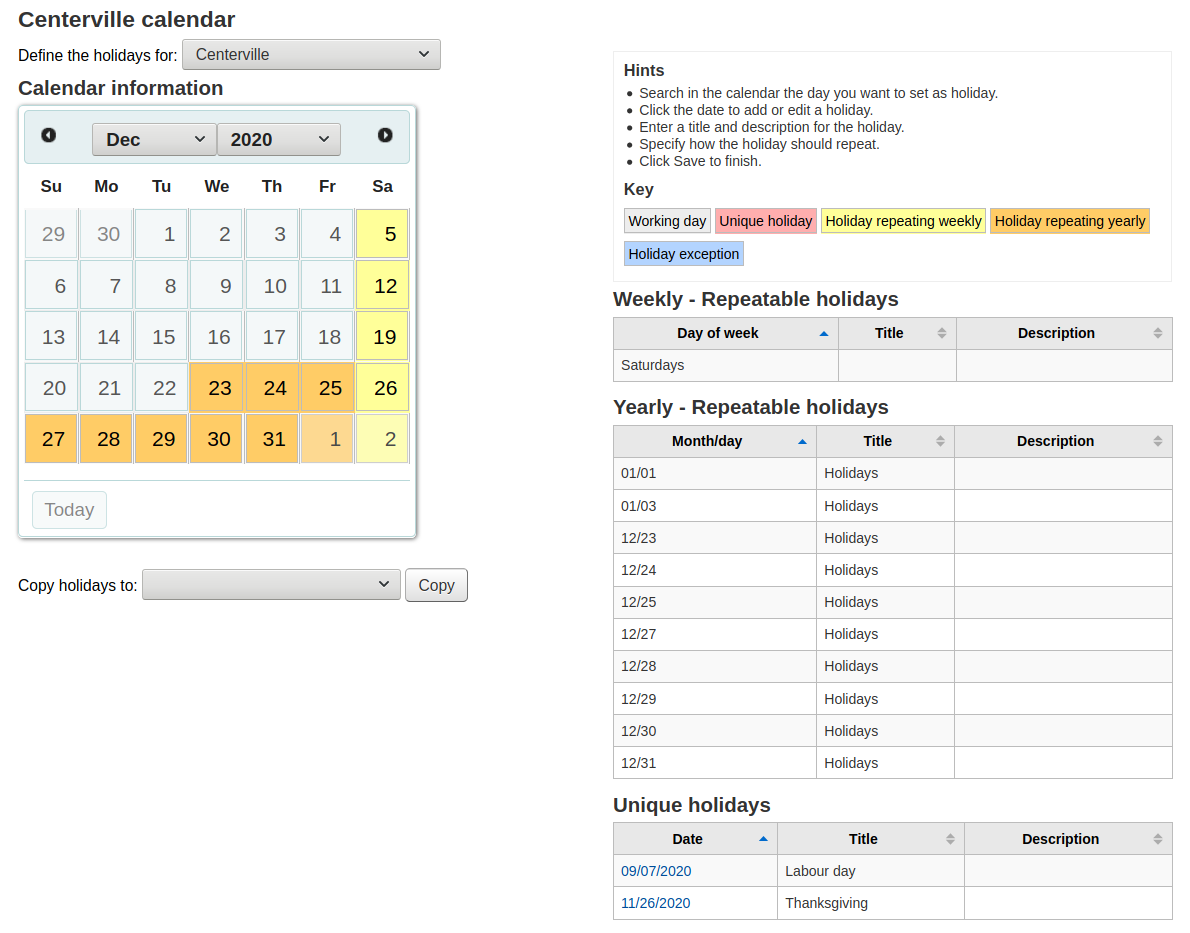 Vue de la page du calendrier montrant le calendrier et toutes les fermetures programmées