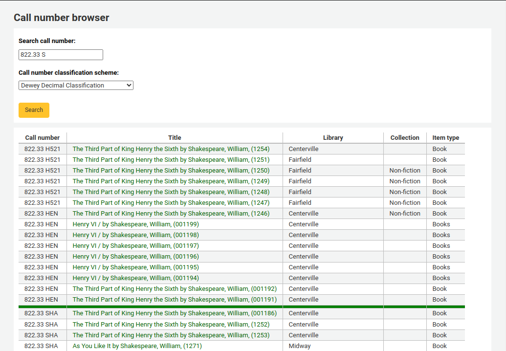 Call number browser pop-up window, the search was for 822.33 S in the Dewey Decimal Classification scheme. The results show 15 titles with callnumbers ranging from 822.33 H521 and 822.33 HEN, then a thin green line indicating where 822.33 S would be, followed by more results with the callnumbers 822.33 SHA.