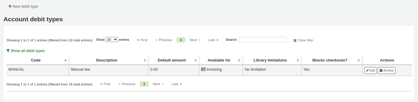 Table showing debit types (system debit types filtered out)