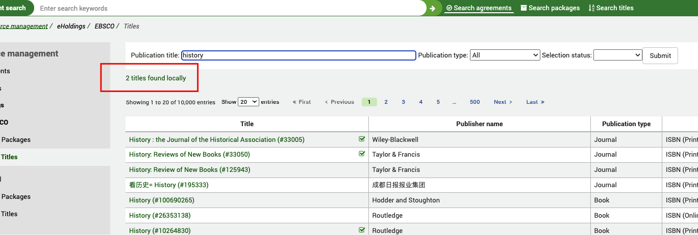 Page des Titres EBSCO avec les résultats de la recherche ; le focus est mis sur le lien '2 titres trouvés localement'.