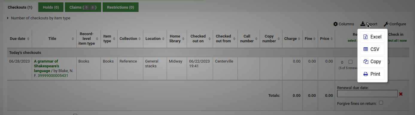 Checkouts table in a patron's account, the table's export options are open (Excel, CSV, copy or print)