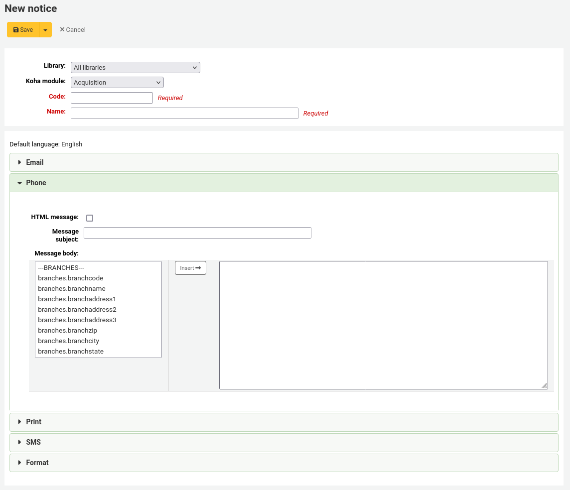 Form to create a new notice, the Phone section is expanded