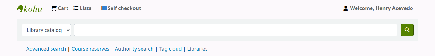 Le haut de la page à l'OPAC, une fois que l'adhérent est connecté. A côté du logo Koha, il y a les options 'Panier' et 'Listes', suivies de 'Auto-prêt'.