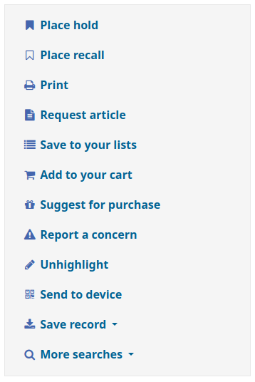 Liste des options : Réserver, Rappeler, Imprimer, Demander un article, Sauvegarder dans vos listes, Ajouter au panier, Suggérer un achat, Rapporter un problème, Ne plus surligner, Envoyer à un appareil, Enregistrer la notice, Plus de recherches
